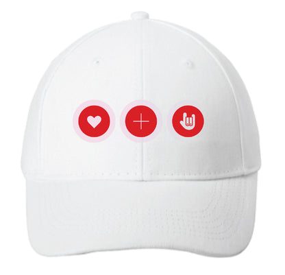 White cap with red icons on a white background